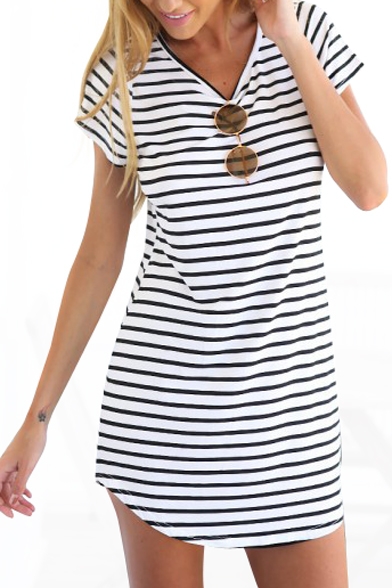 V-Neck Short Sleeve Striped T-Shirt Dress - Beautifulhalo.com