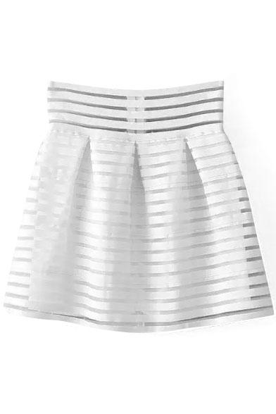 White High Waist Sheer Stripe Bubble Skirt