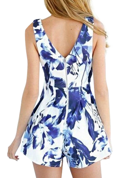 White Sleeveless Plunge Neck Blue Flower Rompers - Beautifulhalo.com