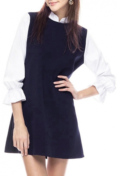 Black 3/4 White Sleeve Stand Collar Mini A-line Dress