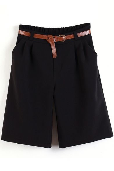 Black Elastic Waist Midi Business Style Shorts with Belt