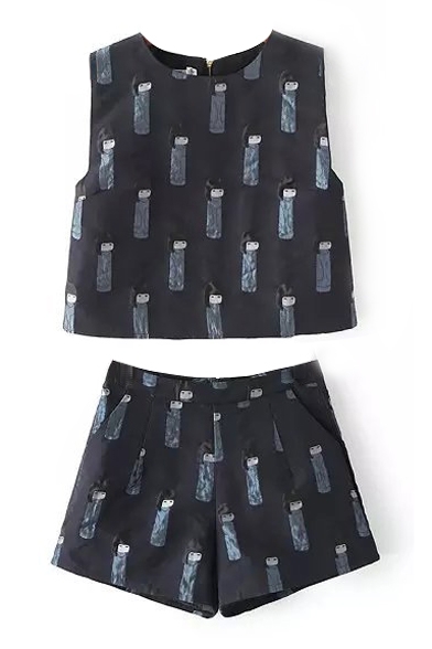 Black Round Neck Sleeveless Doll Print Crop Tanks with Shorts