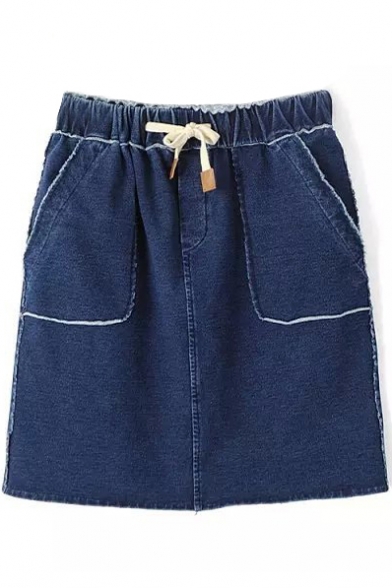 Blue High Waist Drawstring Short Denim Skirt