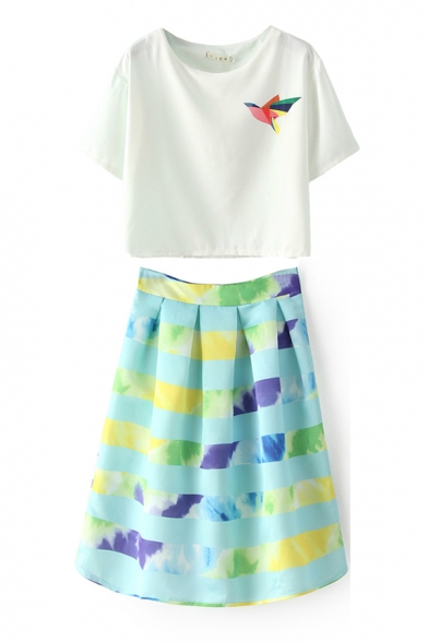 Color Block Bird White Crop T-Shirt with Stripe A-line Skirt Co-ords