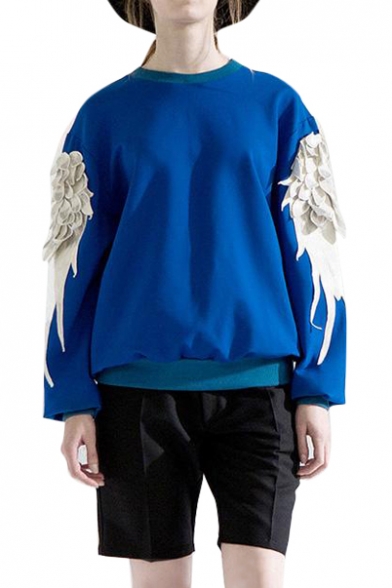 Embroidered Feather Wing Round Neck Long Sleeve Sweatshirt