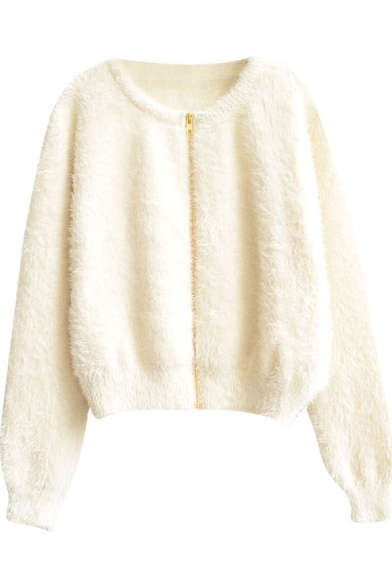 Gold Zipper Fly Round Neck Plain Cropped Mohair Cardigan