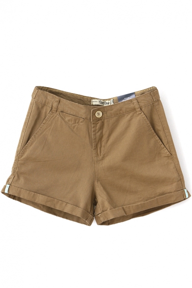 Khaki Plain Fitted Pocket Cotton Shorts