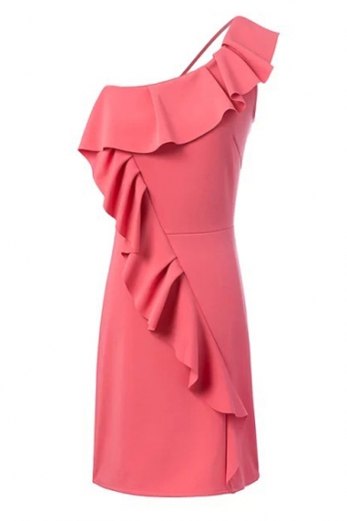 Pink One-Shoulder Ruffle Layer Dress