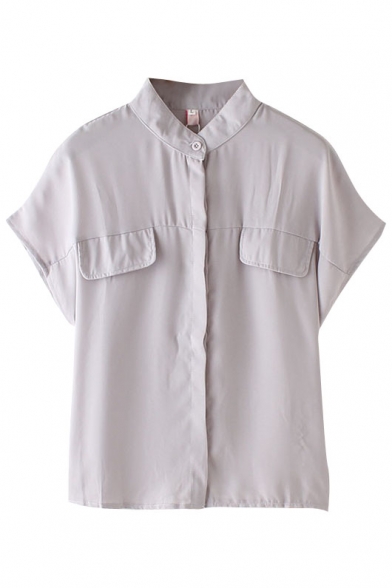 Summer Plain Stand Collar Short Sleeve Double Pockets Shirt