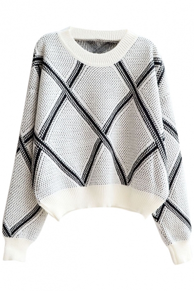 Sweet Geometric Diamond Pattern Round Neck Sweater