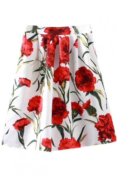 White Elastic Waist Carnation Print A-Line Skirt