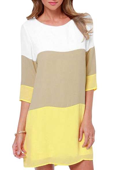 Yellow Color Block 3/4 Sleeve Office Lady Style Dress