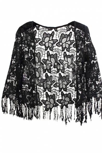 Black Lace Crochet Long Sleeve Tassel Crop Coat