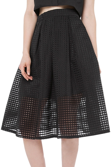 Black Sexy Cutout Plaid A-line Midi Skirt
