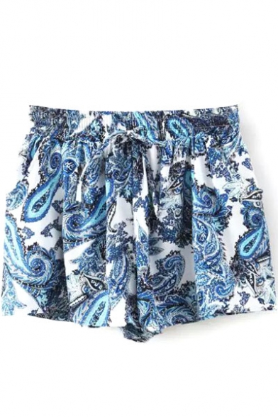 Blue Paisley Print Loose Shorts