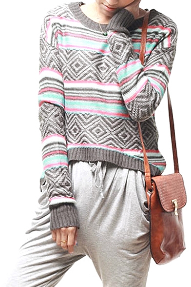 Geometrical Pattern Color Block Round Neck Long Sleeve Sweater