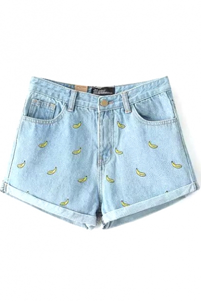 Light Blue Embroidered Banana Cuffed Denim Shorts