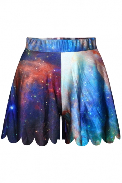 Multi Color Galaxy Print Elastic Waist Wide Leg Shorts