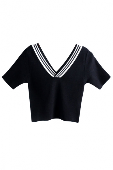 Navy Style V-Neck Stripe Short Sleeve Knitting Sweater