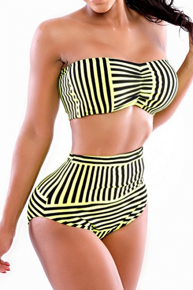 Stripe Print Bandeau High Waist Bikini Set