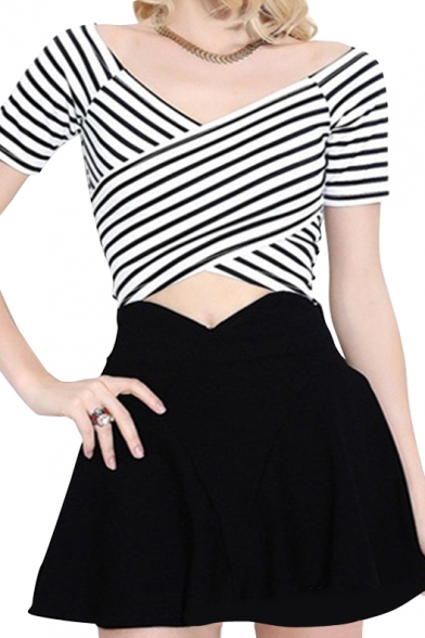 V-Neck Short Sleeve Striped Crop Top with Mini Skirt
