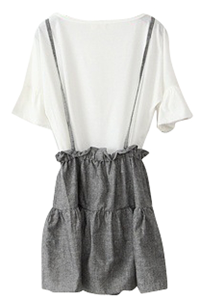 White 1/2 Sleeve Top with Gray Overall Skirt Co-ords