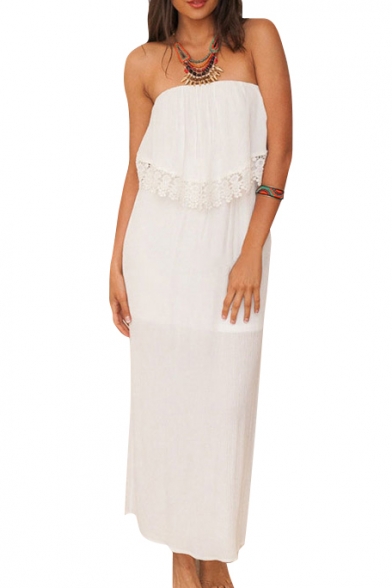 White Strapless Lace Insert Back Cutout Vintage Longline Dress
