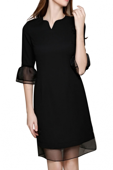 Black 1/2 Flare Sleeve Mesh Hem V-Neck Dress - Beautifulhalo.com