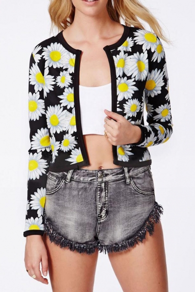 Black Background Daisy Print Round Neck Open-front Cropped Coat
