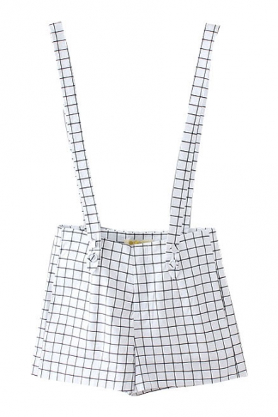 Black Checker Pattern White Overall Shorts - Beautifulhalo.com