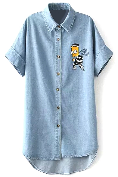 Blue Lapel Short Sleeve Cartoon Print Denim Shirt