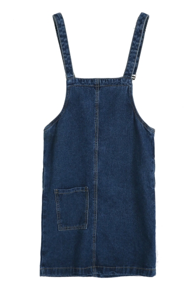 Blue Pocket Front Fitted Denim Overall Dress - Beautifulhalo.com