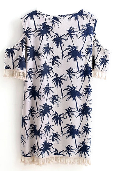 Coconut Print Cold Shoulder Tassel Shift Dress