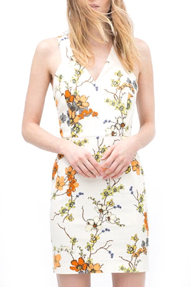 Floral Print V-Neck Sleeveless Fitted Dress