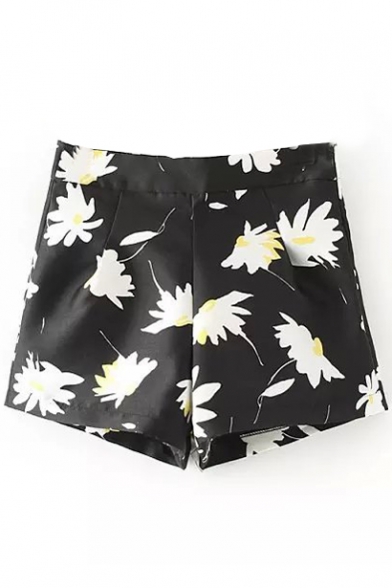 High Waist Sun Flower Print Wide Leg Zipper Shorts