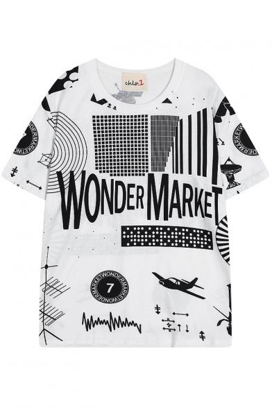 Letters Airplane Print Street Style Loose T-Shirt