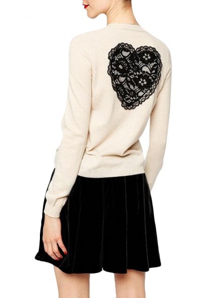 Long Sleeve Cardigan with Embroidered Heart Pattern and Lace Crochet