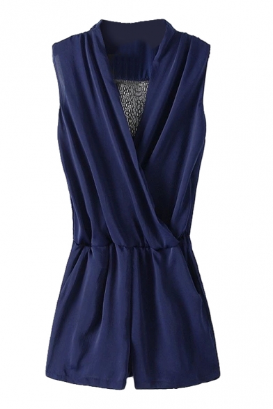 Navy Sleeveless Pleated Surplice Neck Back Lace Insert Rompers