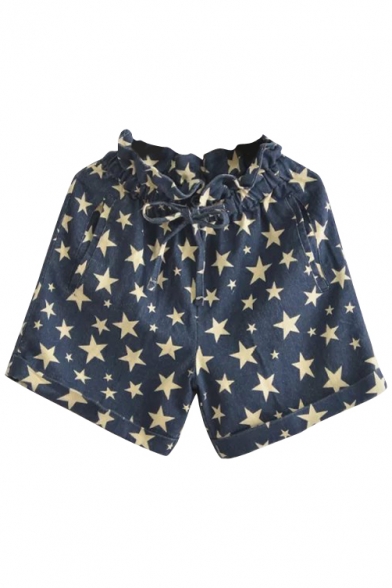 Navy Star Print Drawstring Waist Loose Shorts