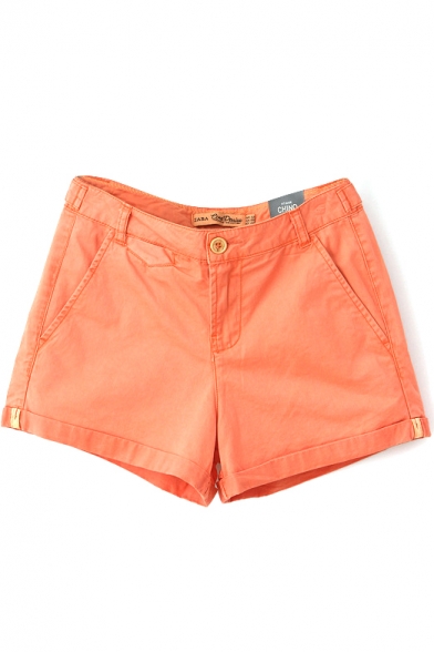 Orange Plain Fitted Pocket Cotton Shorts