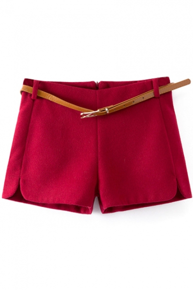 Red Casual Wool Shorts with Belt