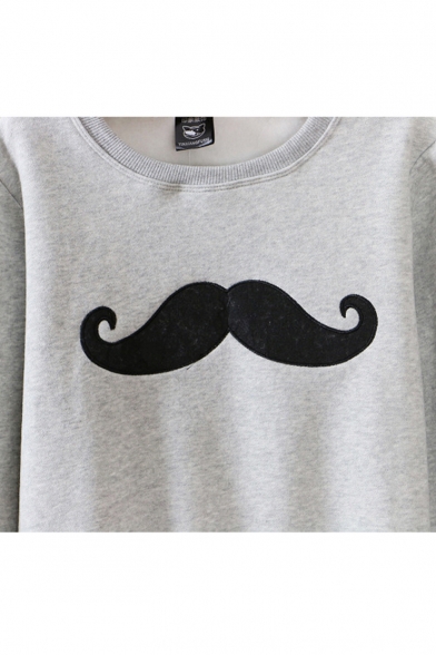 Round Neck Cartoon Mustache Embroidered Long Sleeve Hair Added Sweatshirt