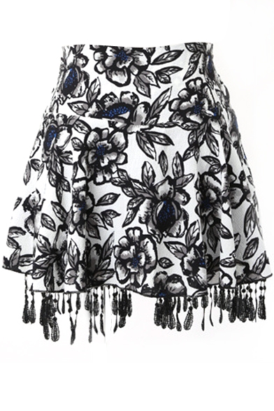 Flora Print  A-line Tassel Hem Skirt