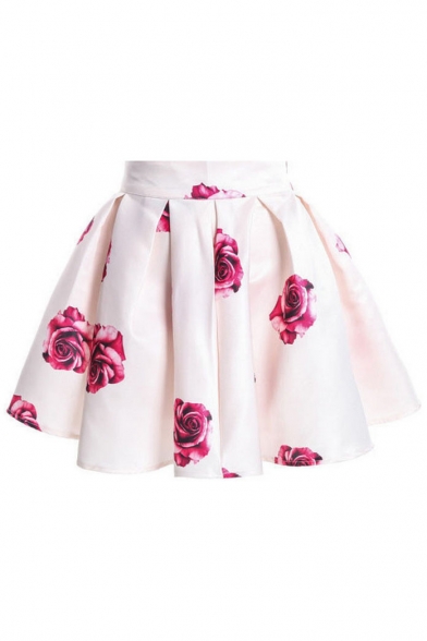 White Floral Print High Waist A-Line Skirt