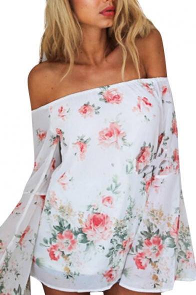 White Off the Shoulder Floral Print Flared Sleeve Blouse