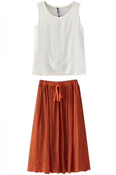 White Round Neck Tank with Orange Drawstring Waist Skirt