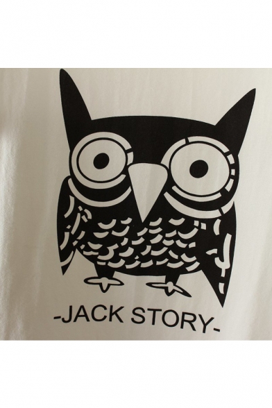 White Short Sleeve Cartoon Owl Print Contrast Trim T-Shirt