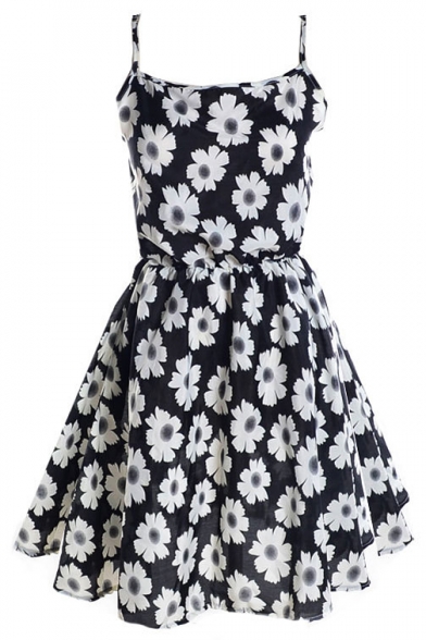 Black Floral Print Cami Short Dress