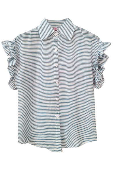 Blue Striped Point Collar Ruffled Short Sleeve Shirt