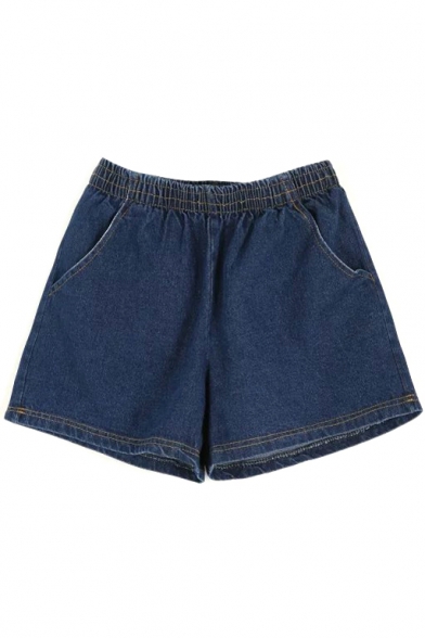 Dark Blue Elastic Waist Pockets Denim Shorts